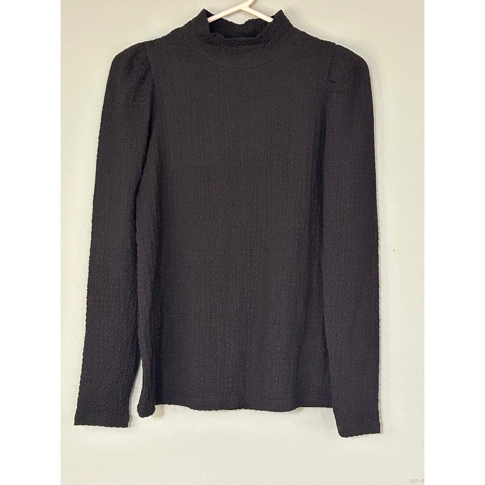 Modern Works Women Brown Crinkle Textured Mock Neck Puff Sleeve Top Small